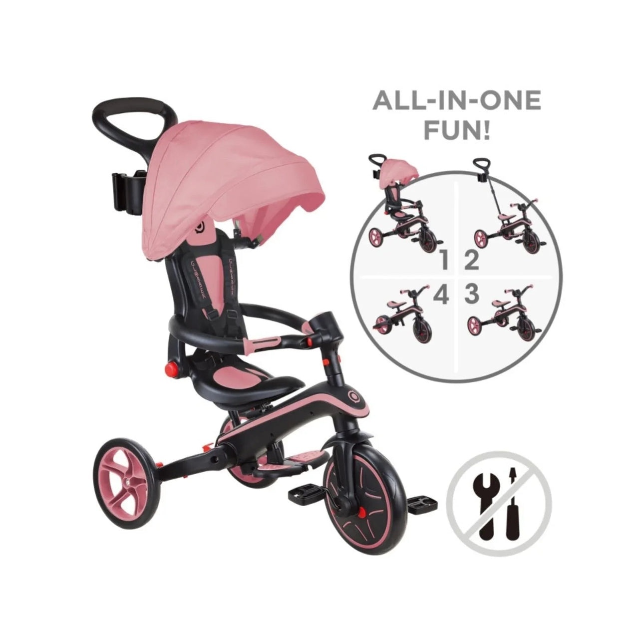 Globber Explorer Trike Foldable 4 in 1 - Deep Pastel Pink - Planet Toys