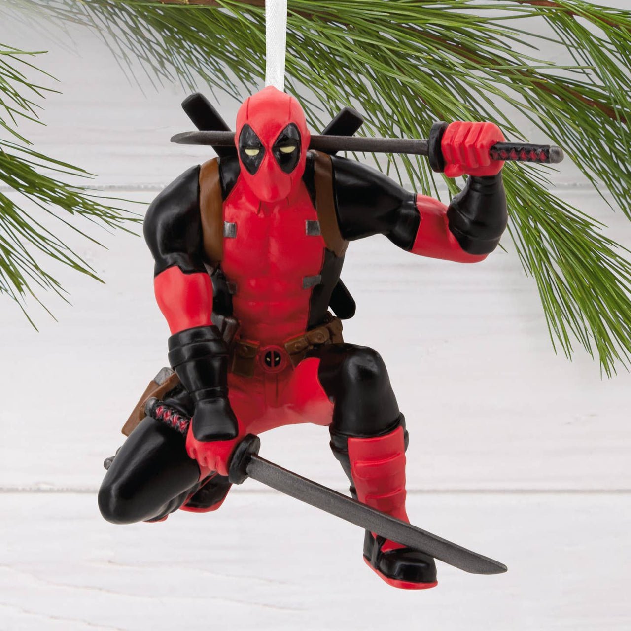 Hallmark Marvel Hanging Ornament Deadpool with Katana Swords & Pose - Planet Toys